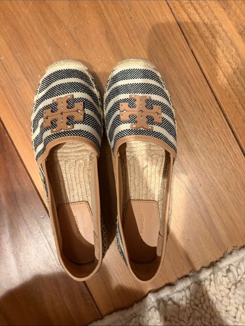 Tory Burch Striped Canvas Espadrilles with Tan Logo